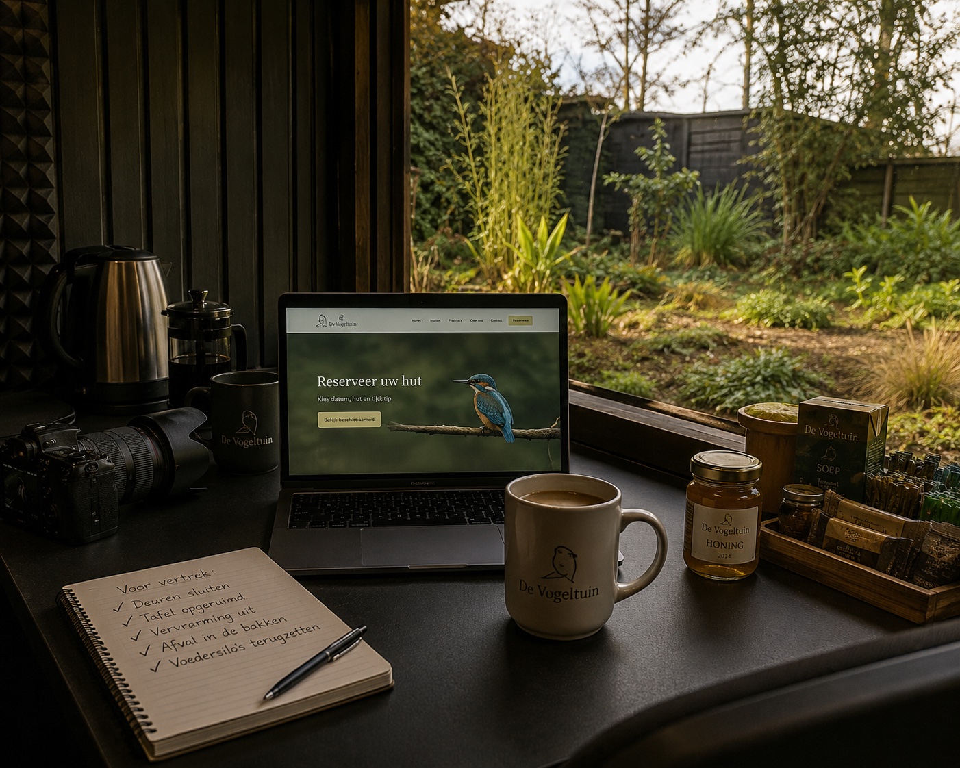 Interieur van een vogelhut bij De Vogeltuin